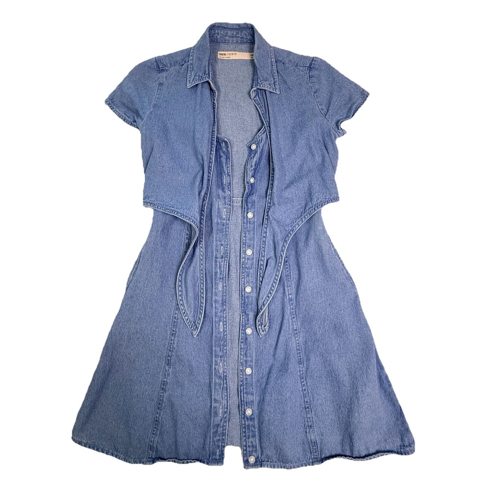 ASOS Denim Tie-Front Mini Dress 100% Cotton US size 0 Cottagecore Western Summer - Picture 15 of 16